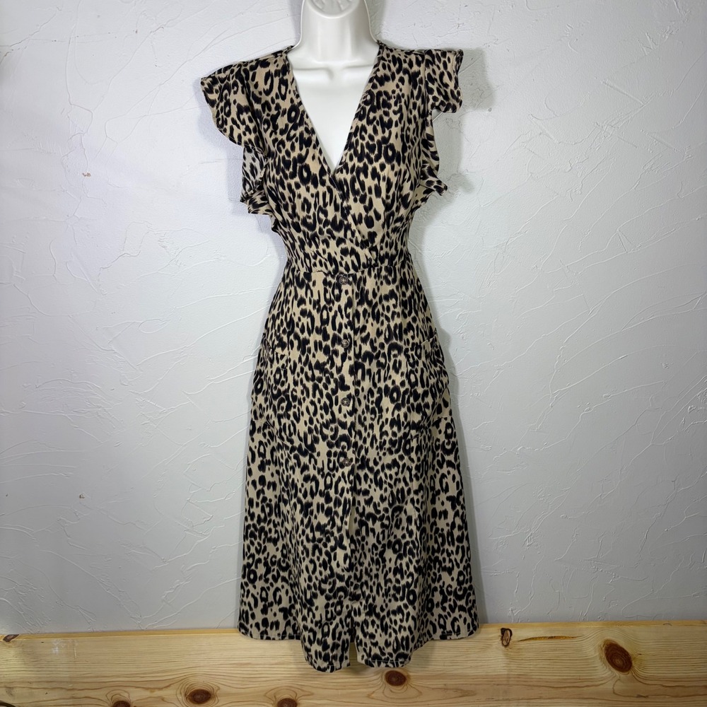 Sienna Sky Leopard Print Dress Womens Small Boho Indie Ruffle Midi Boho Slit